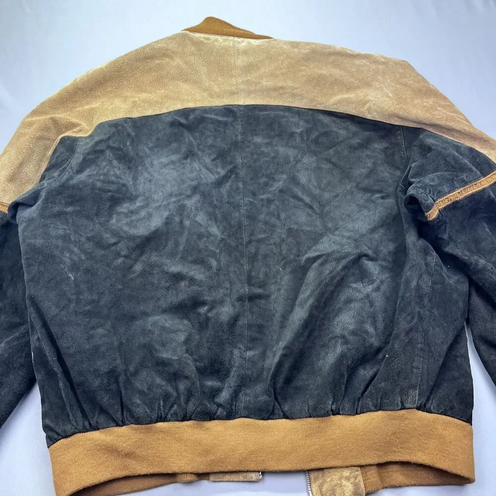 Vintage Tuskany Leather brown black patch pattern bomber jacket XL‎ - No ZIP